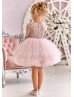 Dusty Pink Lace Tulle Sheer Back Flower Girl Dress